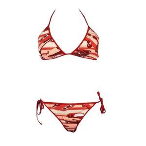 Aerie Womens Peach Red Retro Car Print Halter Bikini Swimsuit Size L/XL